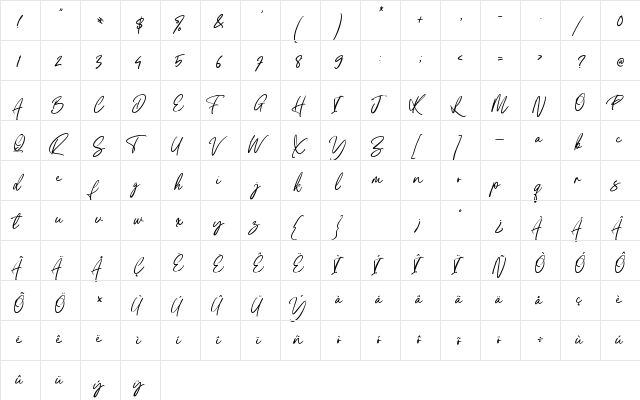 Shiny Hearts Regular  glyph index
