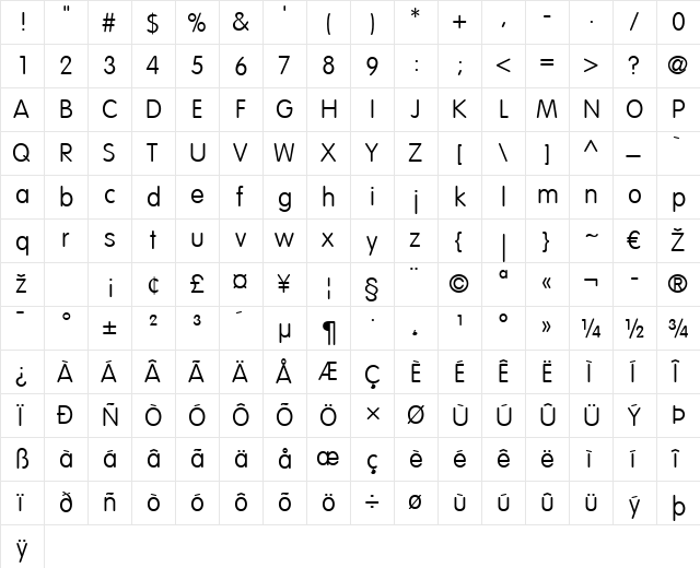 VAGRounded LT Thin Regular  glyph index