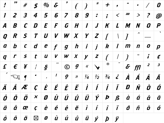 Brothers SuperSlant  glyph index