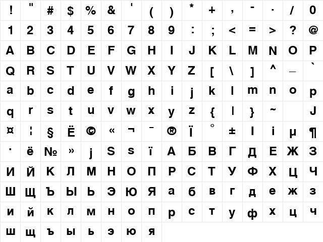 Helvetica Bold  glyph index