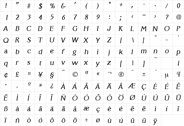 Veracruz-Serial RegularItalic  glyph index