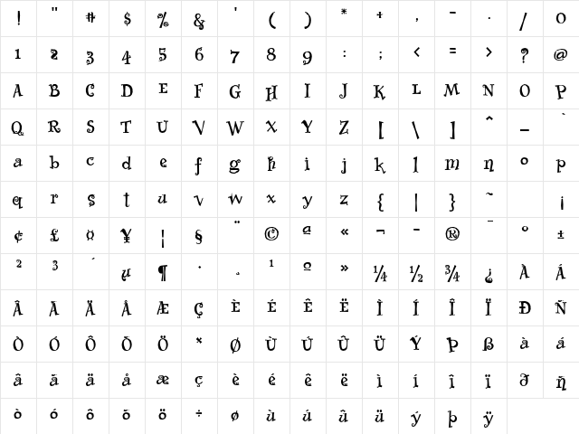 Whimsy ICG Bold  glyph index