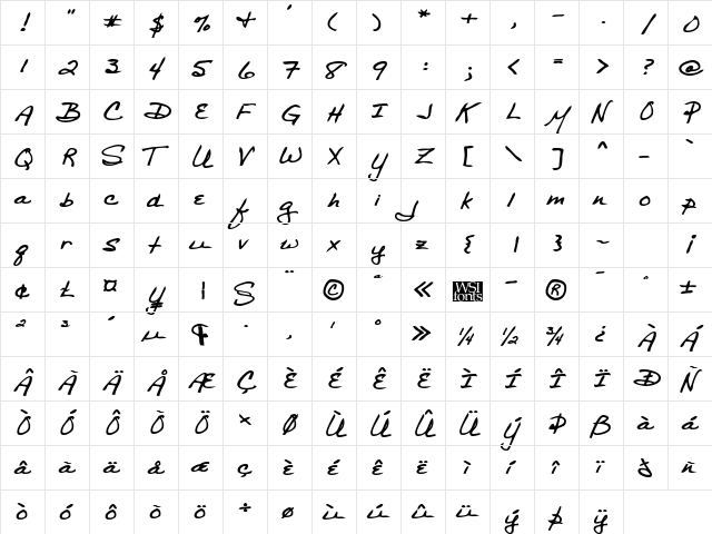 BethanysHand Bold  glyph index