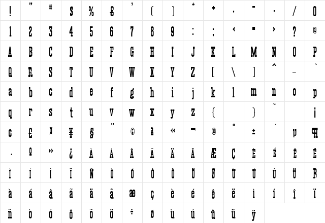 FargoLaser Regular  glyph index