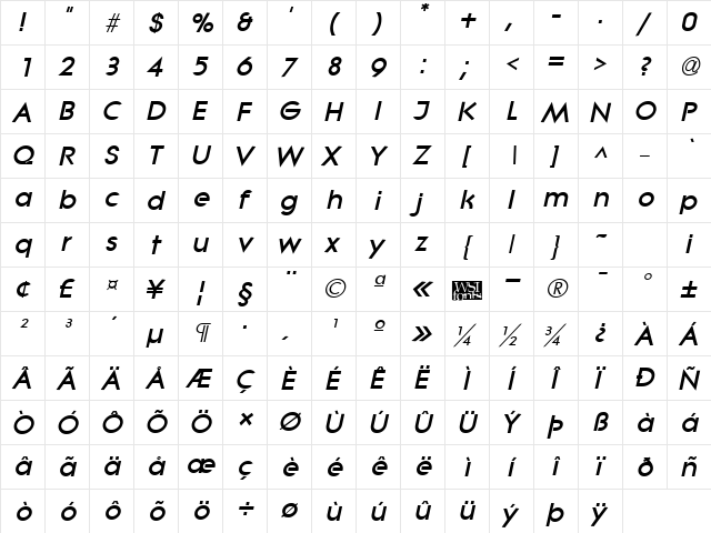 LitheExtrabold Italic  glyph index