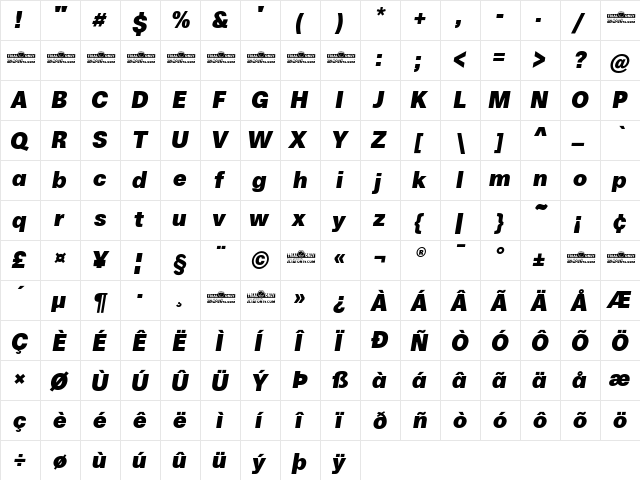 Boring Sans A Trial Heavy Italic  glyph index