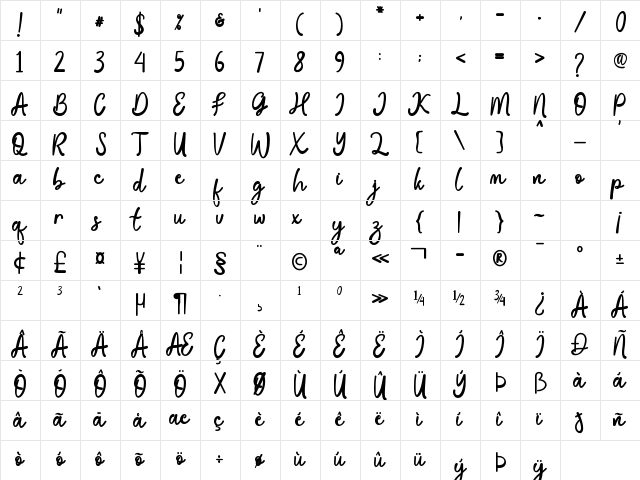 bialletta Regular  glyph index