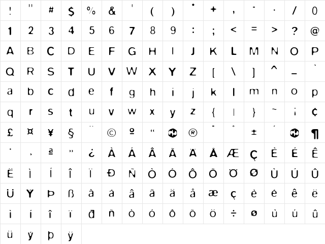 BlurLight Regular  glyph index
