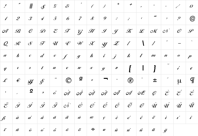 NicholasBecker Bold  glyph index