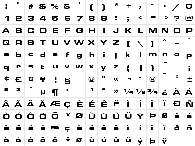 Eurostar Black Extended Regular  glyph index