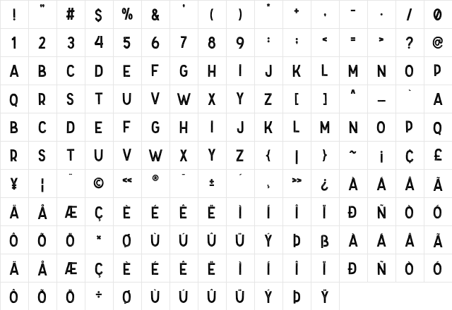 Folkner Stamp Regular  glyph index