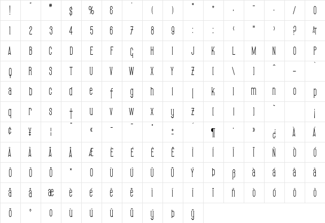 SF Gothican Condensed Regular  glyph index