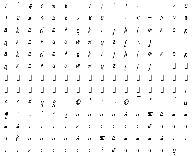 Hanger Condensed BoldItalic  glyph index