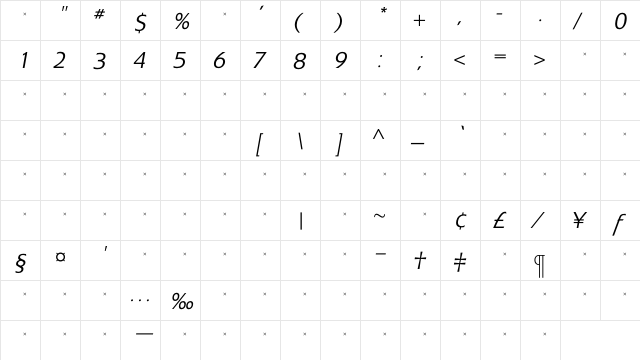ExtensionLightItalicTab Regular  glyph index