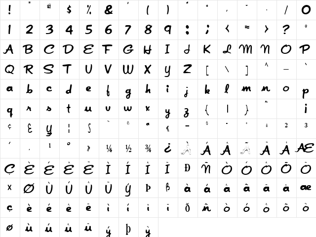 Japan Regular  glyph index