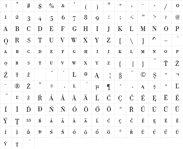 BodoniAntSCTEELig Regular  glyph index