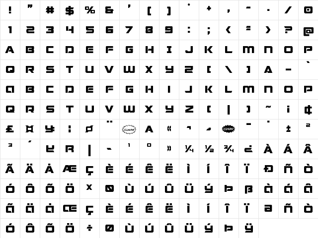 Starduster Regular  glyph index