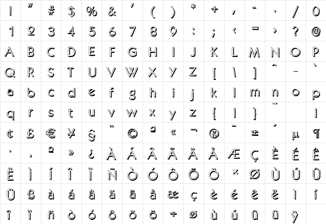KoblenzShadow-Light Regular  glyph index