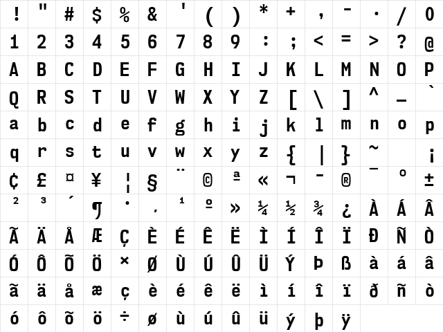 NK57 Monospace Semi-Condensed Bold  glyph index