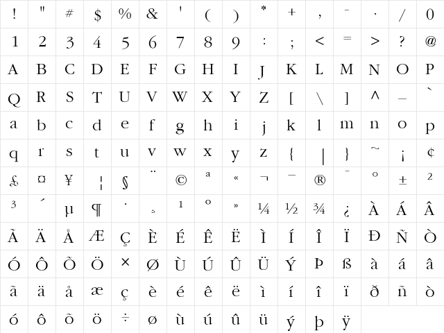 ITCGaramond-Light Light  glyph index