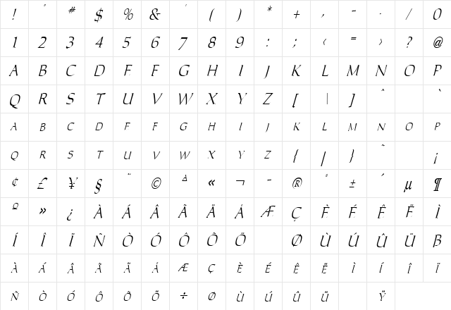 Long Italic Regular  glyph index