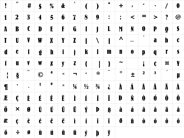 Bernhard Std Bold Condensed  glyph index