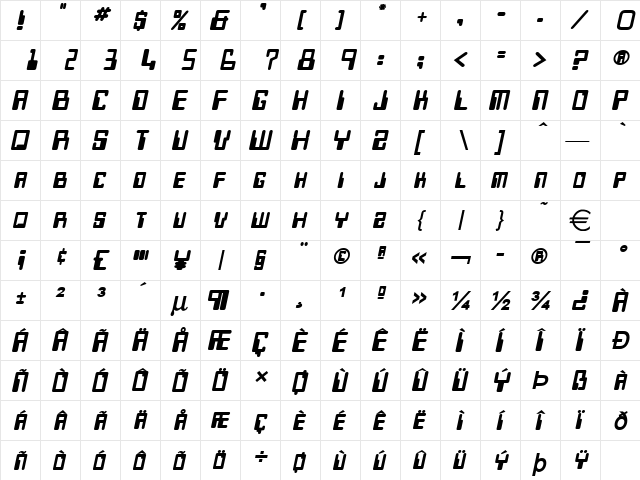 KeysHeavy Italic  glyph index