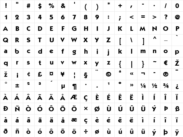 ITCKabel LT Medium Bold  glyph index