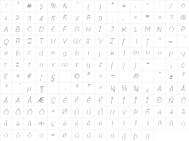 PrefaceThin Italic  glyph index