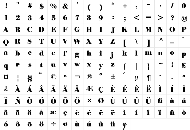 Bodoni Berthold BQ Regular  glyph index