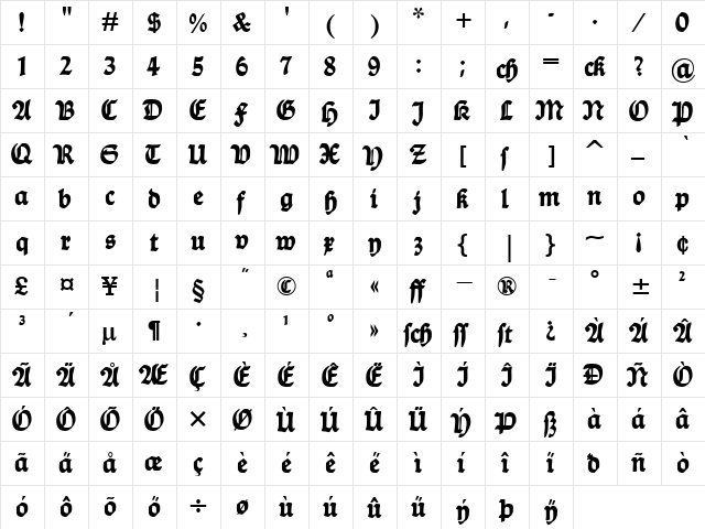Ballade Bold  glyph index