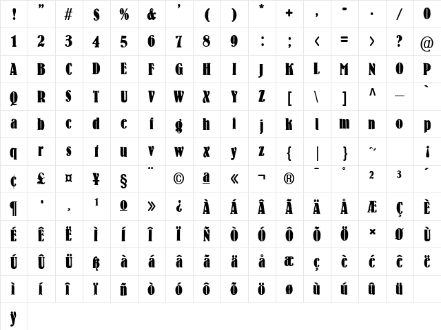 Bernstein SF Regular  glyph index