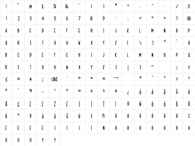 PAPER MOON Regular  glyph index