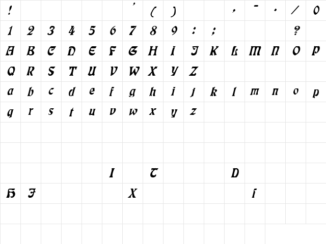 Fender 5 Italic  glyph index