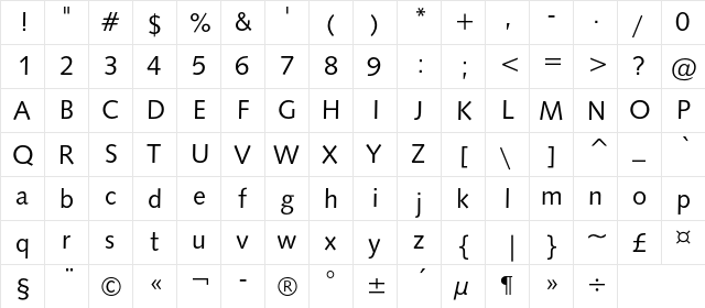 Humanist531C BT Regular  glyph index