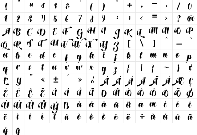 Dustine Script Regular  glyph index