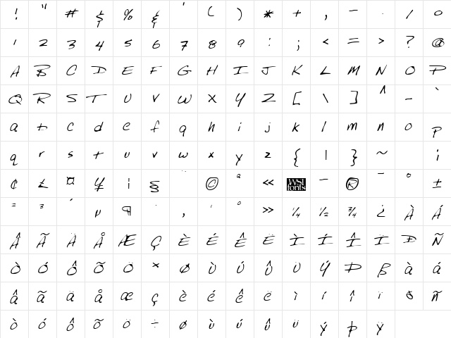 RubysHand Regular  glyph index