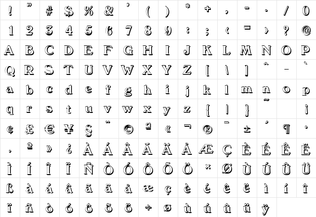 KellyBeckerShadow-Medium Regular  glyph index