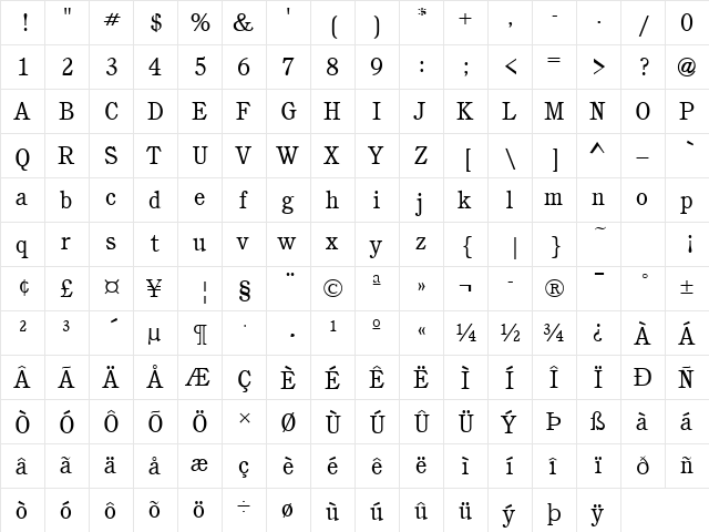 Cushing Regular  glyph index