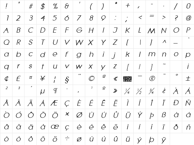 Lithe Italic  glyph index