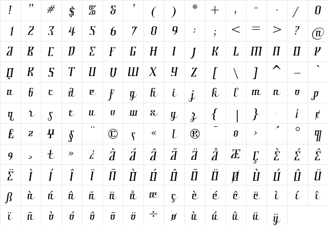 Shiraz Regular  glyph index