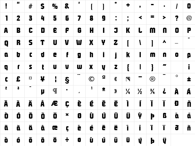 Piazza Black Regular  glyph index