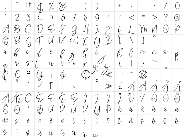 Rosse Regular  glyph index