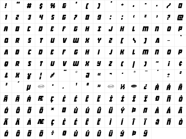 Intergalactic Italic Italic  glyph index