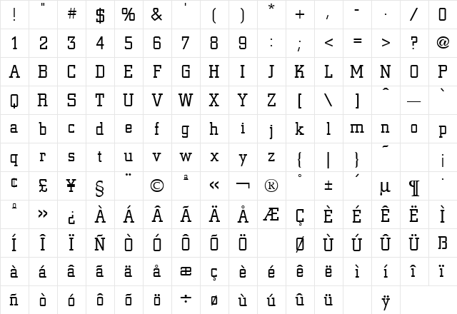 Civic Light Regular  glyph index