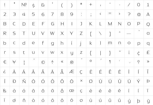 DynastyExtraLight Regular  glyph index