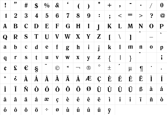 Rookie Bold  glyph index