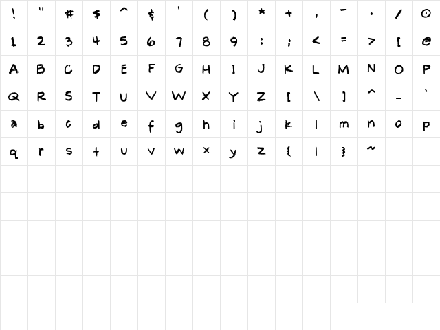 LD Scratchy Pen Regular  glyph index