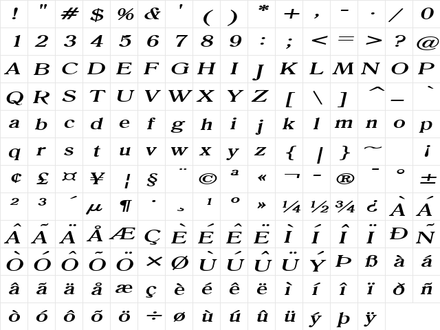 Roomy Extended BoldItalic  glyph index