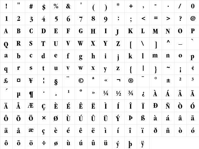 ITC Garamond Bold Condensed  glyph index